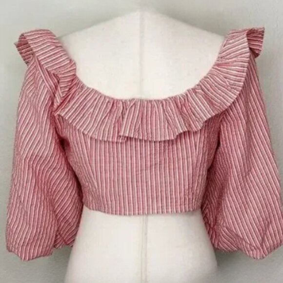 NEW Zara Cotton striped puff sleeve crop top in Red and White, Size L - Picture 13 of 15